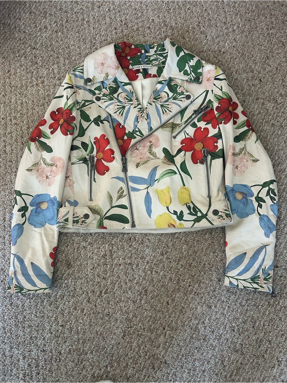 Alice + Olivia Cream Floral Leather Moto Jacket with Multicolor Blooms Size M - Picture 3 of 5